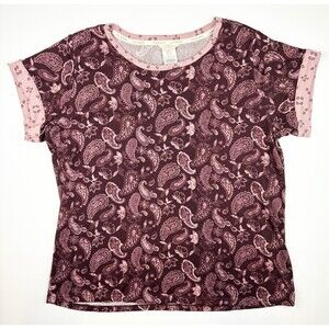 Lucky Brand Blouse Boho Bohemian Short Sleeve Paisley Pink Purple Top Size Large